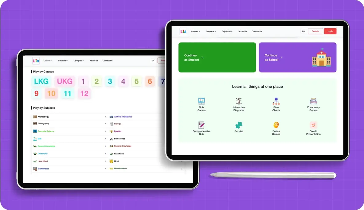 Two Lia Education screens: classes from LKG to 12 with their subjects, and the choice to continue as a student or as a school above eight ways to learn