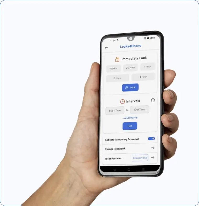 A hand holding a phone running Locks4Phone, with the immediate lock and interval lock settings