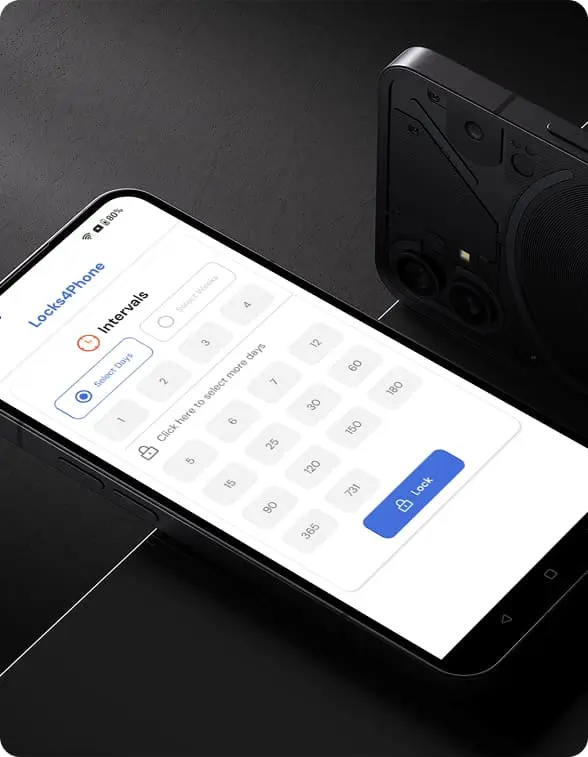 A phone on a dark surface showing the Locks4Phone lock screen and its number pad