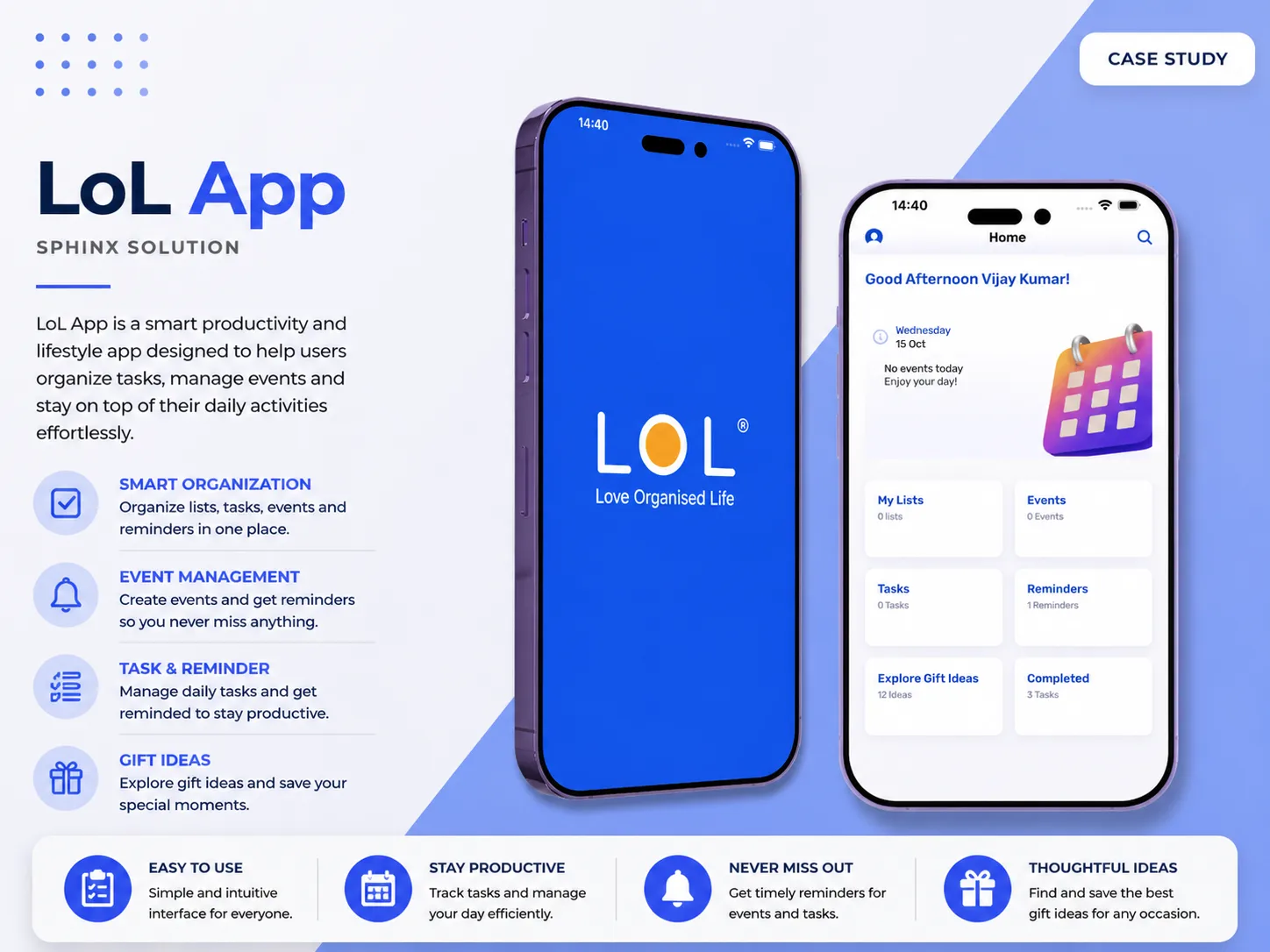 The LoL splash screen showing the Love Organised Life logo, beside the app home screen with My Lists, Events, Tasks and Reminders