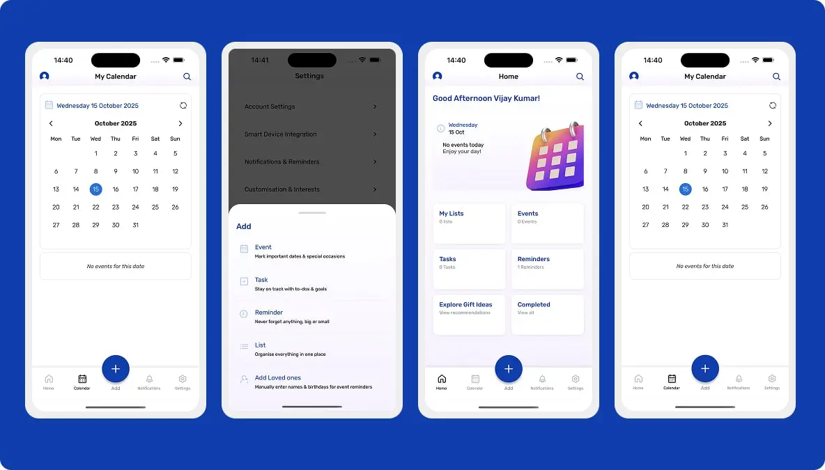 Four LoL screens: the month calendar, the settings list, the Add sheet offering Event, Task, Reminder, List and Add Loved Ones, and the home screen