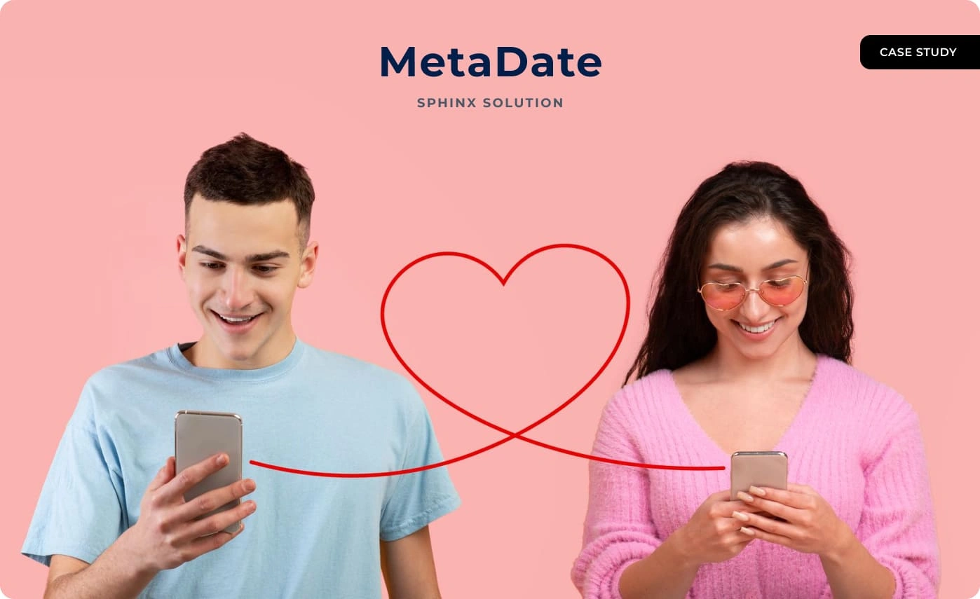 Case study cover: a young man and woman each looking at their phone, joined by a red heart-shaped line