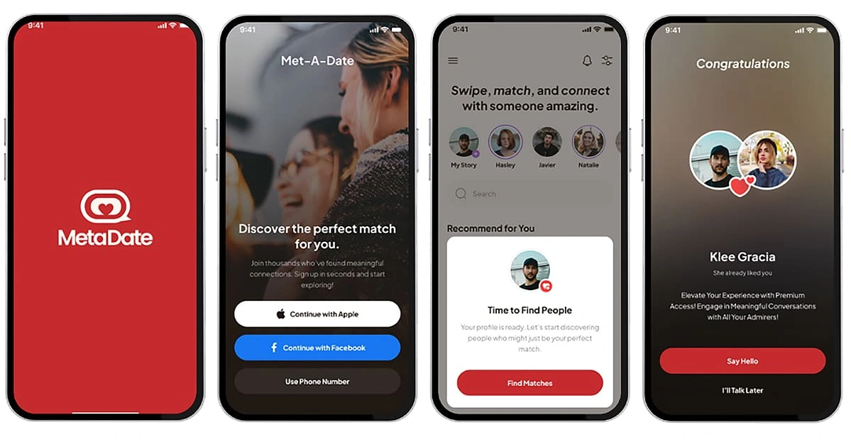 Four MetaDate screens: the splash screen, sign-up, &ldquo;Time to find people&rdquo; and a match celebration