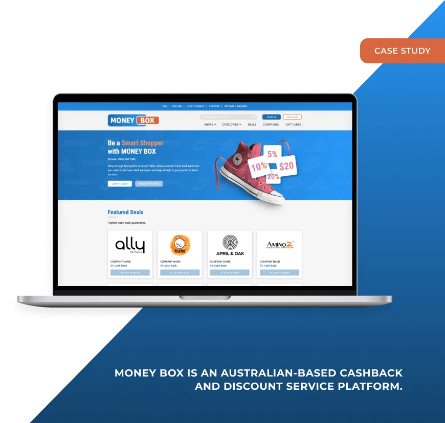 Case study cover: the Money Box site on a laptop, headed &ldquo;Be a Smart Shopper with Money Box&rdquo; above a row of featured cashback deals