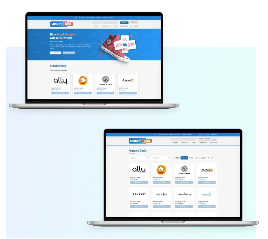 Two laptops showing the Money Box featured deals page, with retailer tiles and their cashback rates, and the sort and filter controls above them