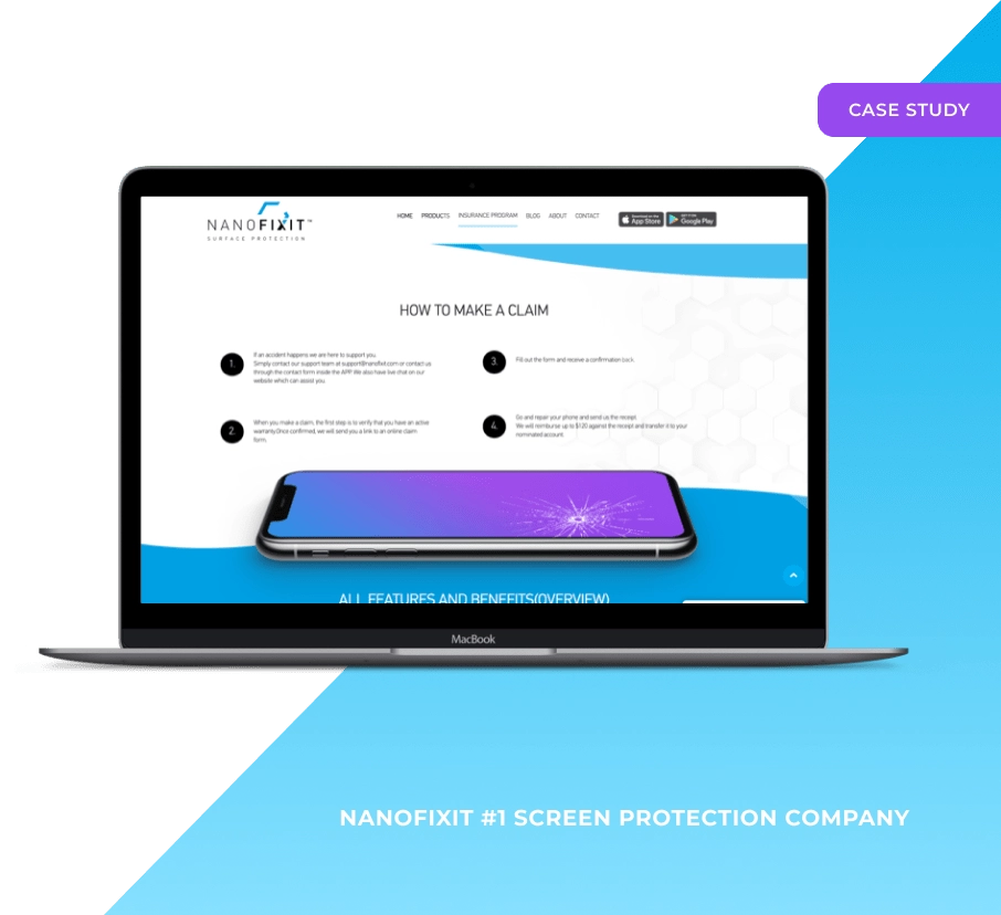 Case study cover: the Nanofixit website on a laptop, captioned &ldquo;Nanofixit #1 screen protection company&rdquo;