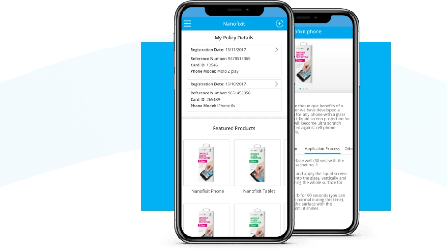 Two Nanofixit screens: the policy details form and the recommended screen protector products