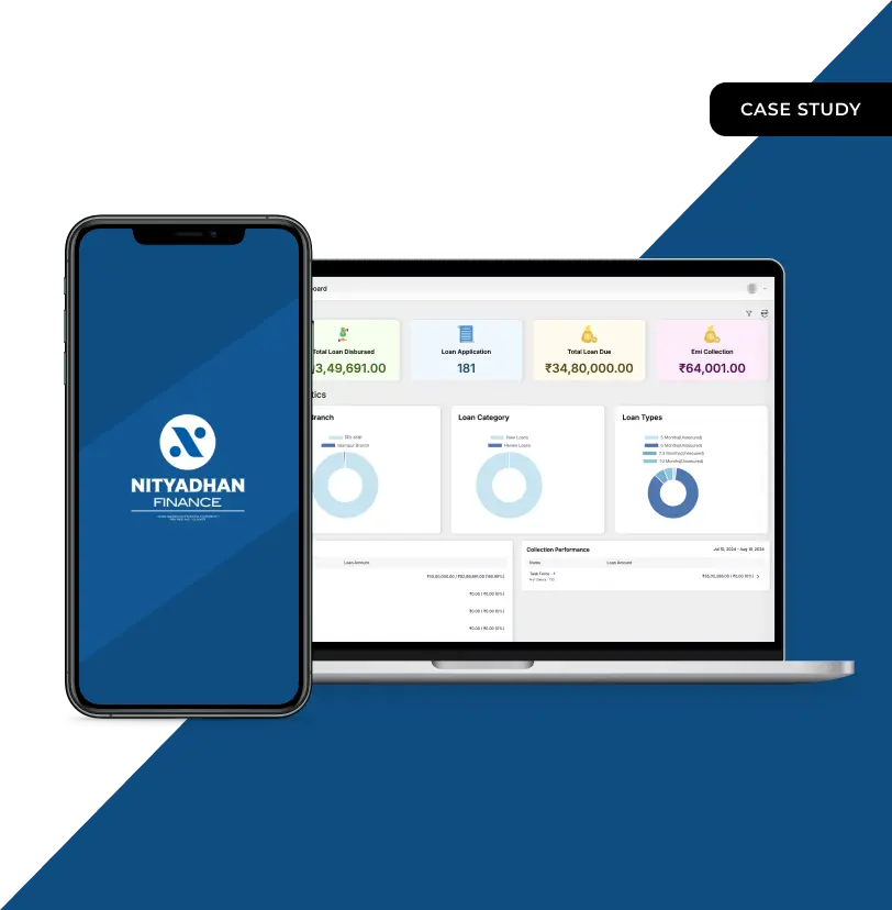 The Nityadhan Finance app splash on a phone beside the admin dashboard on a laptop, showing loans disbursed, applications and collection performance