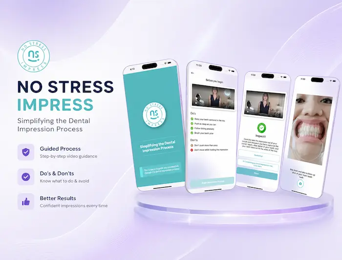 Case study cover reading &ldquo;No Stress Impress, Sphinx Solution&rdquo;, showing four app screens: the splash screen, a do&rsquo;s and don&rsquo;ts guide with a video tutorial, an inspection step with reattempt and finish buttons, and a camera step for photographing the impression