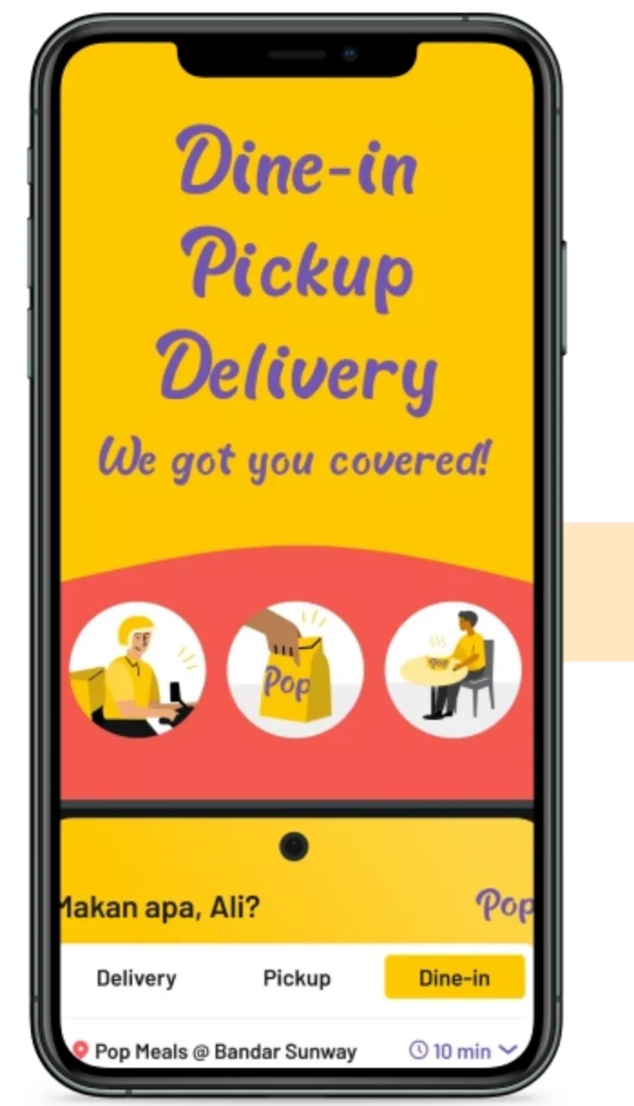 The Pop Meals app offering delivery, pickup and dine-in, with the kitchen location and a ten minute wait shown at the foot