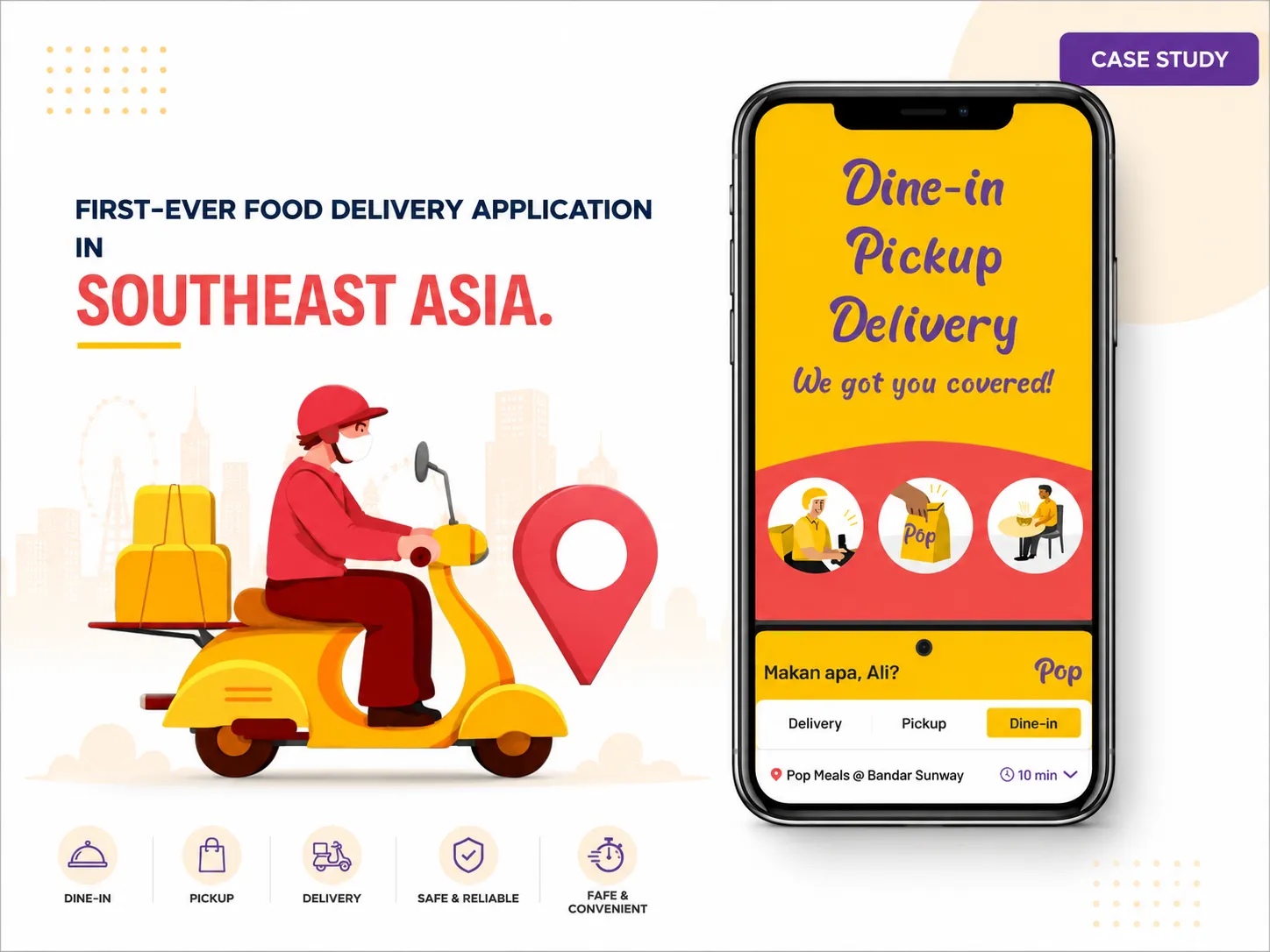 The Pop Meals app showing its top twenty dishes with ringgit prices, beside a rewards screen