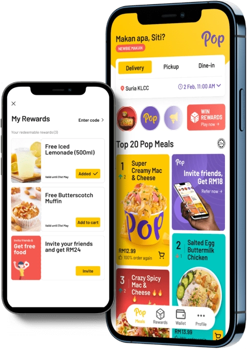 Case study cover: the Pop Meals app showing the top twenty dishes with ringgit prices and reorder rates, beside a rewards screen offering a free drink and a referral credit