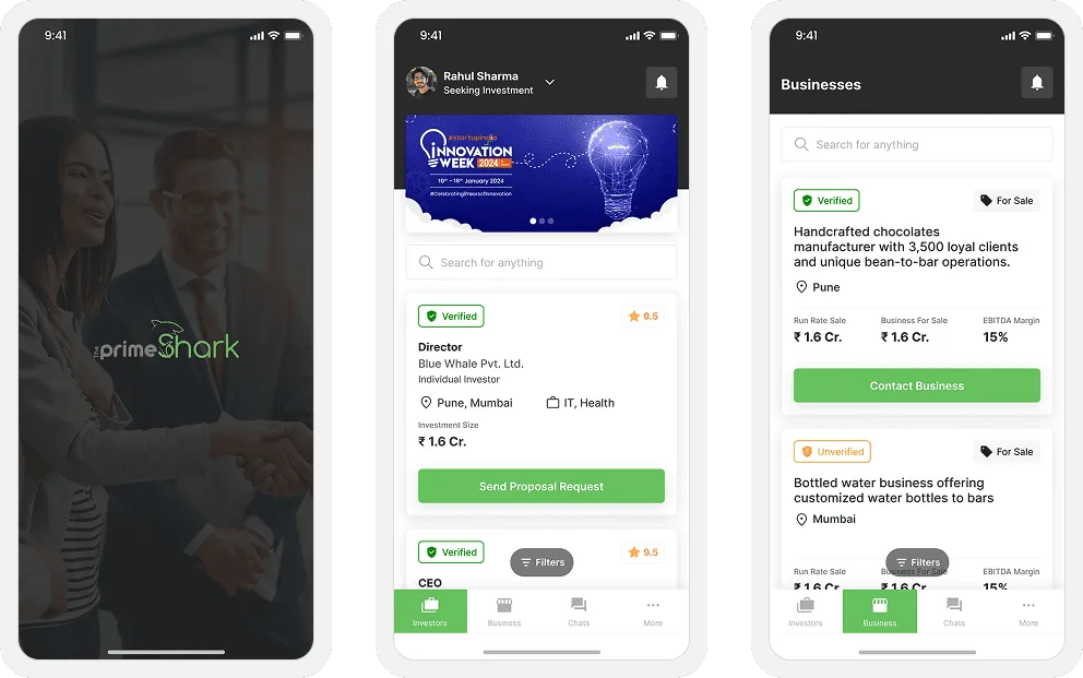 Three PrimeShark screens: the splash, a list of verified investors with investment size, and businesses listed for sale