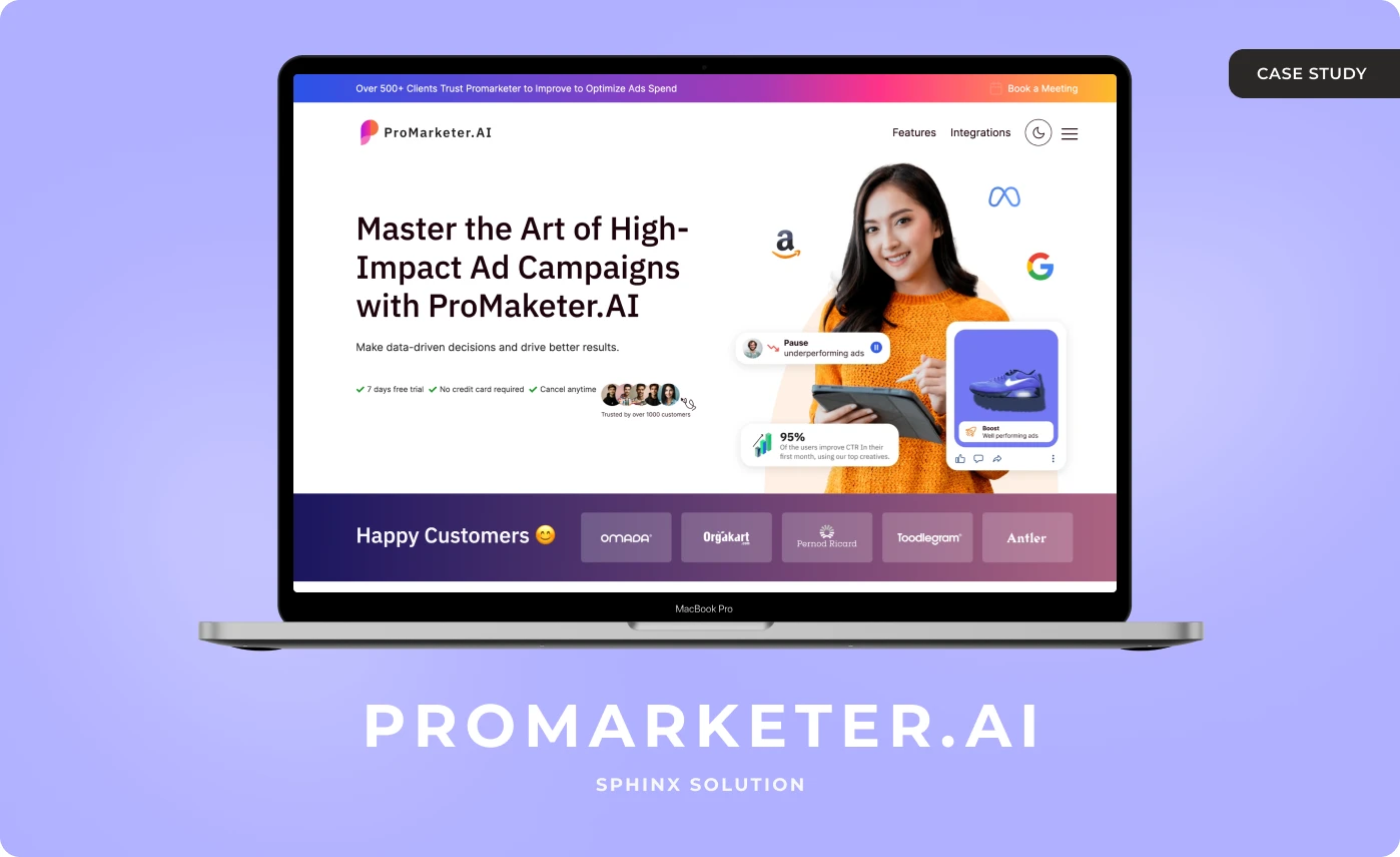 The ProMarketer.AI site on a laptop, headed Master the Art of High-Impact Ad Campaigns