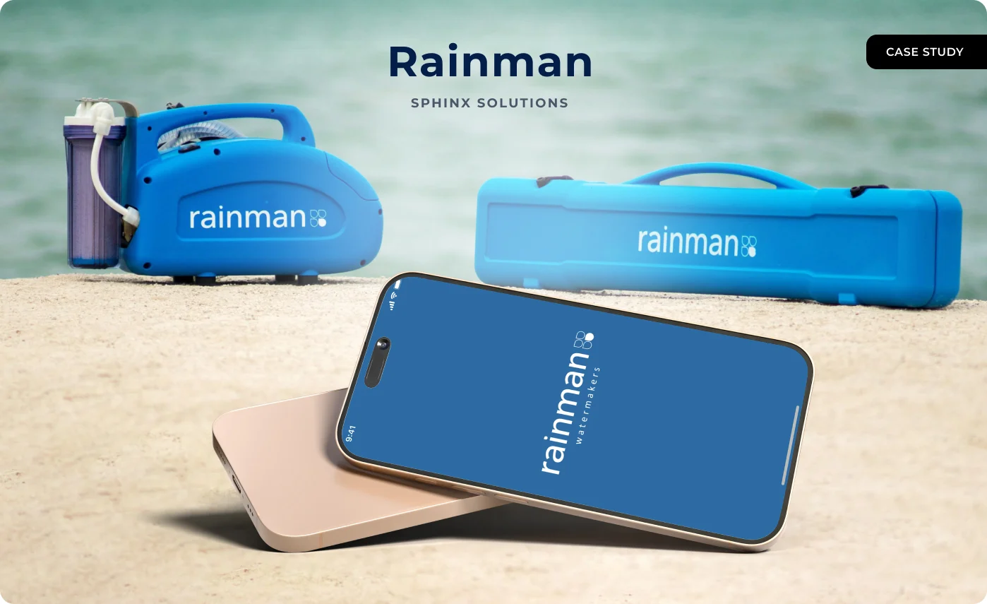 A Rainman watermaker and its carry case on a beach, with a phone showing the Rainman app