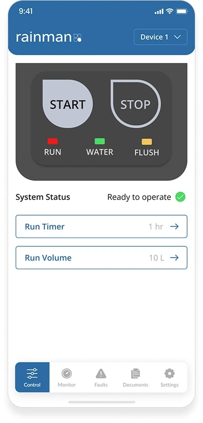 The Control tab: large Start and Stop buttons with run, water and flush indicators, system status reading ready to operate, and settings for run timer and run volume