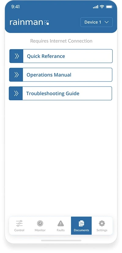 The Documents tab offering the quick reference, operations manual and troubleshooting guide