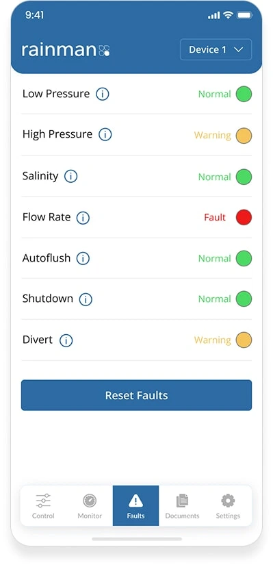 The Faults tab listing low pressure, high pressure, salinity, flow rate, autoflush, shutdown and divert, each marked normal, warning or fault, above a Reset Faults button