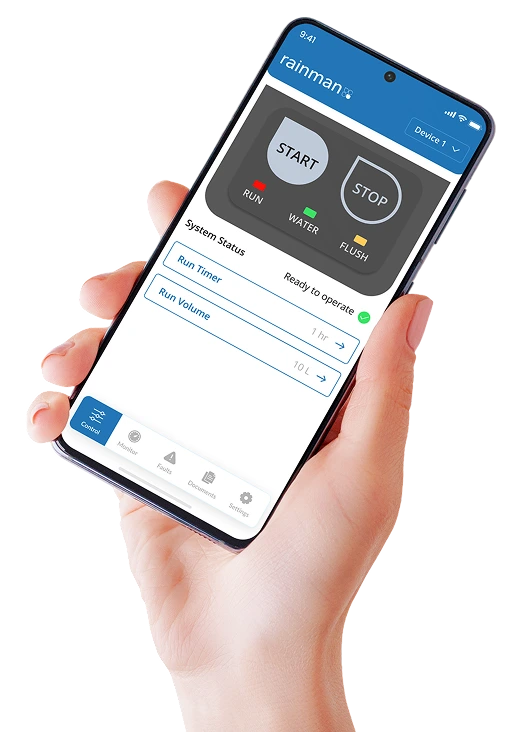 A hand holding a phone running the Rainman app on the Control screen
