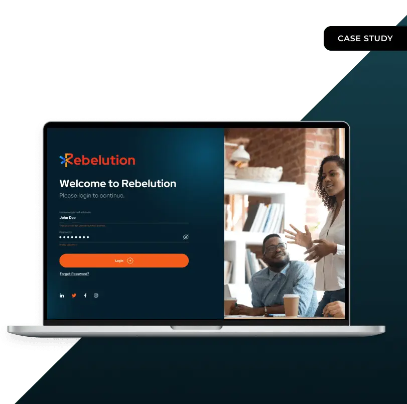 Case study cover: the Rebelution sign-in page on a laptop, headed &ldquo;Welcome to Rebelution&rdquo;