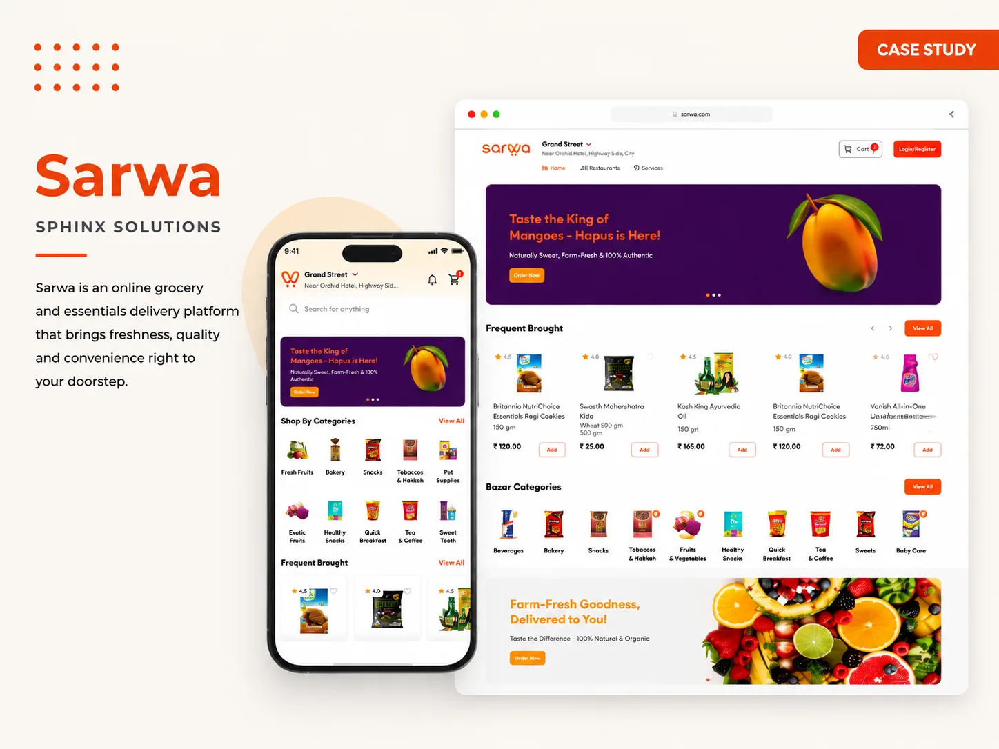 The Sarwa app on a phone beside the web store, showing bazar categories, frequently bought products and recommended restaurants