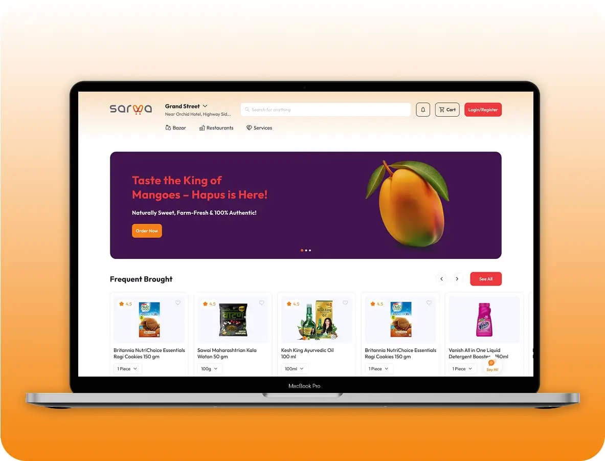 The Sarwa web store on a laptop: the Bazar, Restaurants and Services navigation, a seasonal mango banner and a frequently bought row with prices