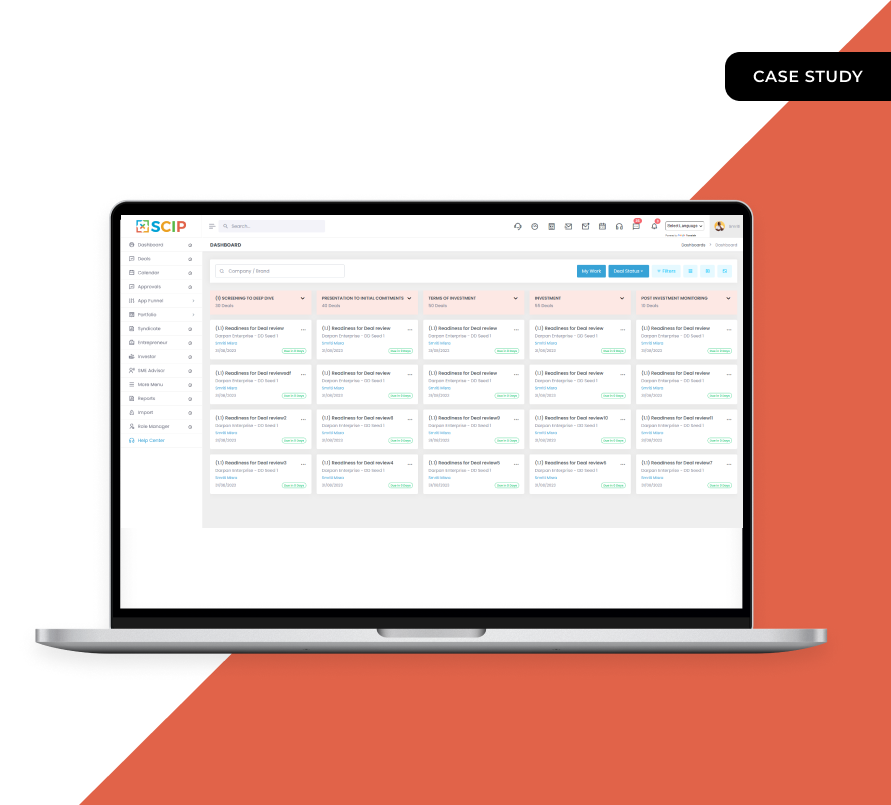 Case study cover: the SCIP investment platform dashboard on a laptop
