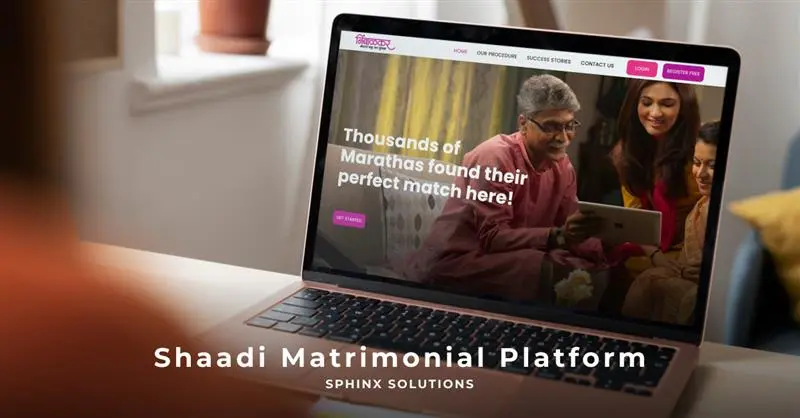 Case study cover: the Nimbalkar matrimonial site open on a laptop, showing the headline &ldquo;Thousands of Marathas found their perfect match here&rdquo; over a family looking at a tablet together, with Home, Our Procedure, Success Stories, Contact Us, Login and Register Free in the navigation