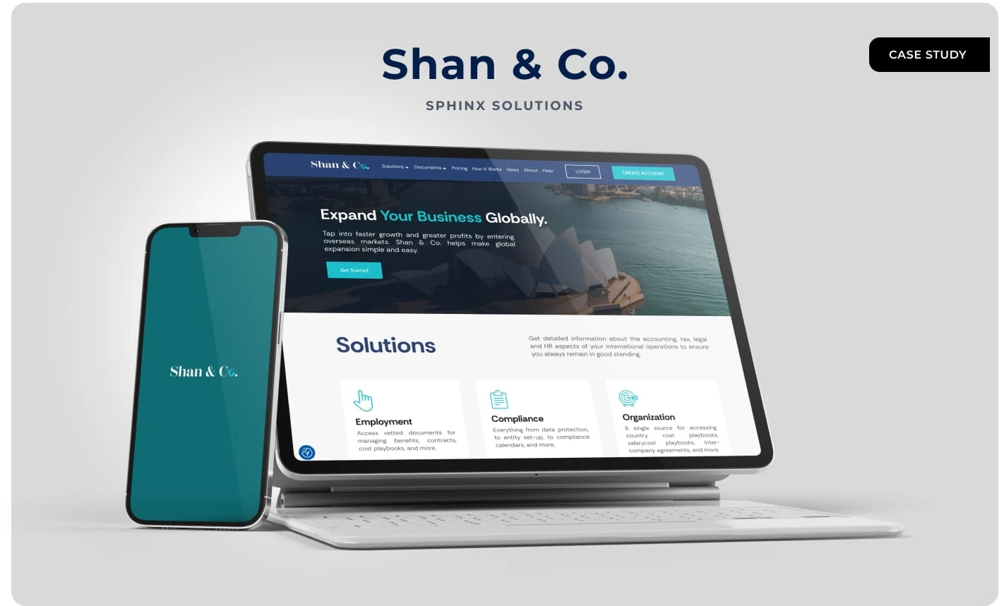 Case study cover: the Shan & Co. platform on a laptop and a phone, headed &ldquo;Expand your business globally&rdquo;