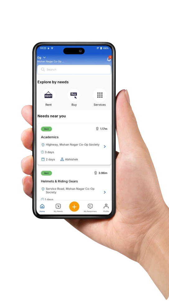 A hand holding a phone open on the Sharehood home screen