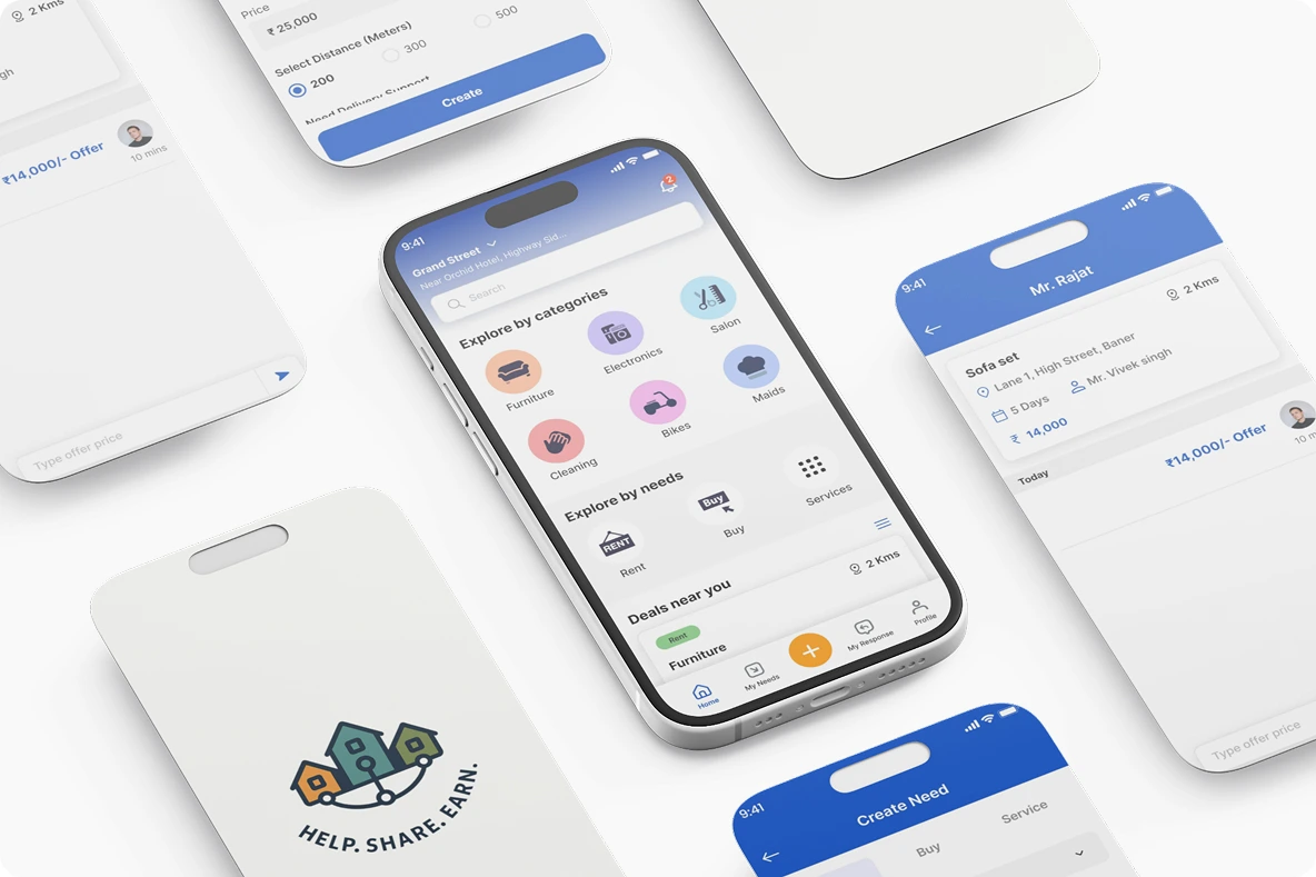 Sharehood screens laid out around a phone showing the categories of items to share