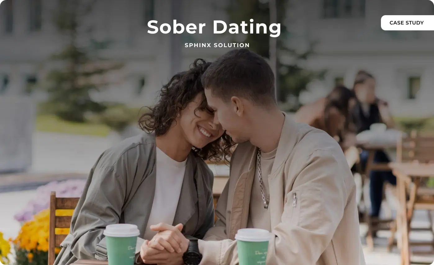 Case study cover: a smiling couple at a caf&eacute; table, headed &ldquo;Sober Dating&rdquo;