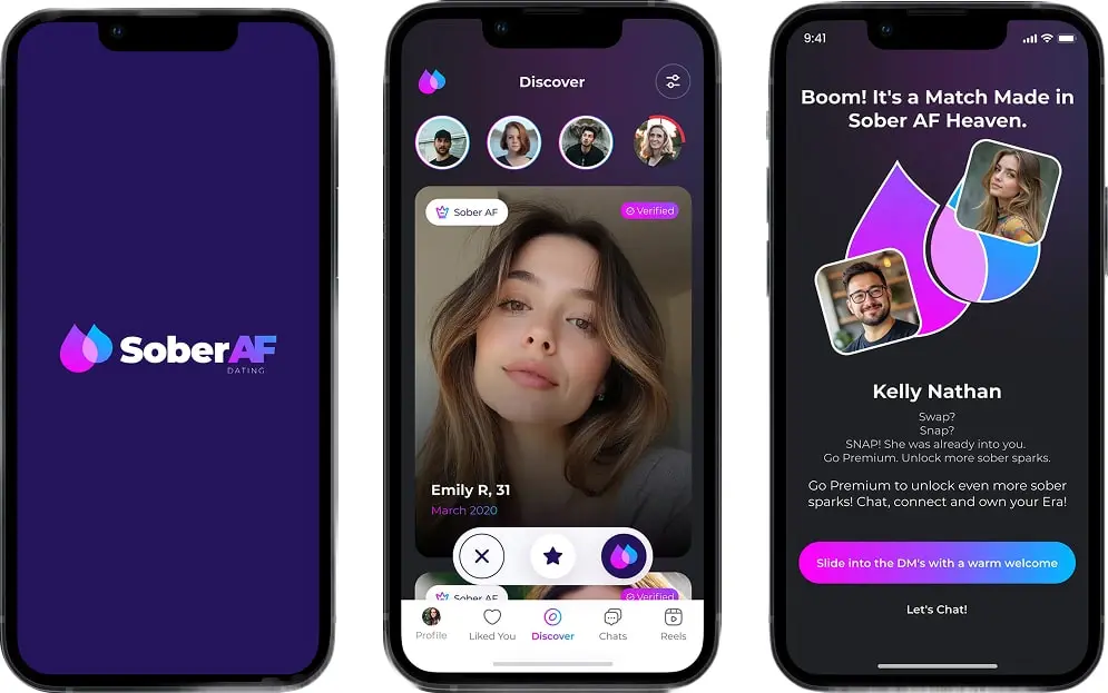 Three Sober AF Dating screens: the splash screen, a profile card and a match celebration