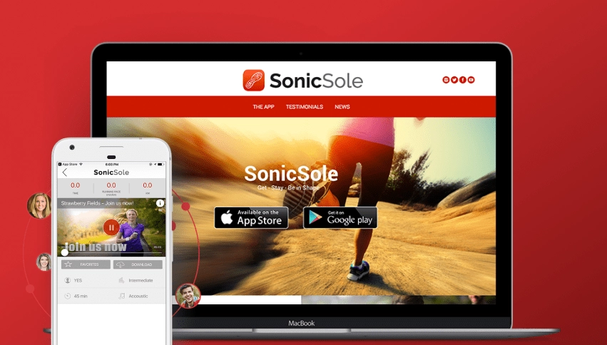The Sonic Sole website and app, showing a runner on a sunlit road with App Store and Google Play buttons