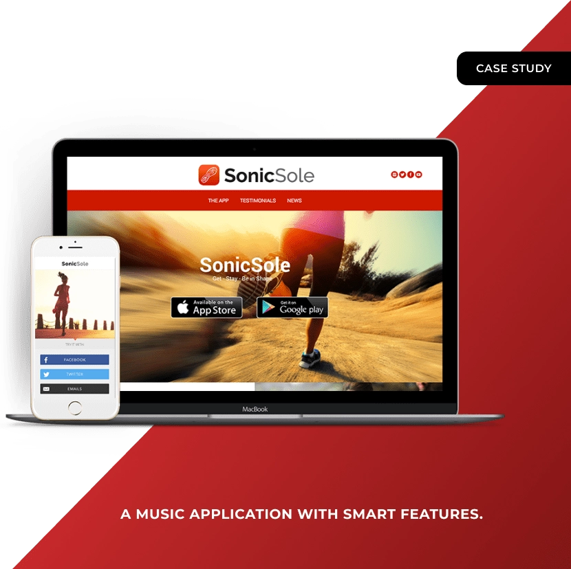 Case study cover: the Sonic Sole website on a laptop beside its phone app, captioned &ldquo;A music application with smart features&rdquo;