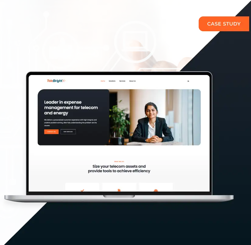 Case study cover: the TeleBright site on a laptop, headed &ldquo;Leader in expense management for telecom and energy&rdquo; above a section on sizing telecom assets