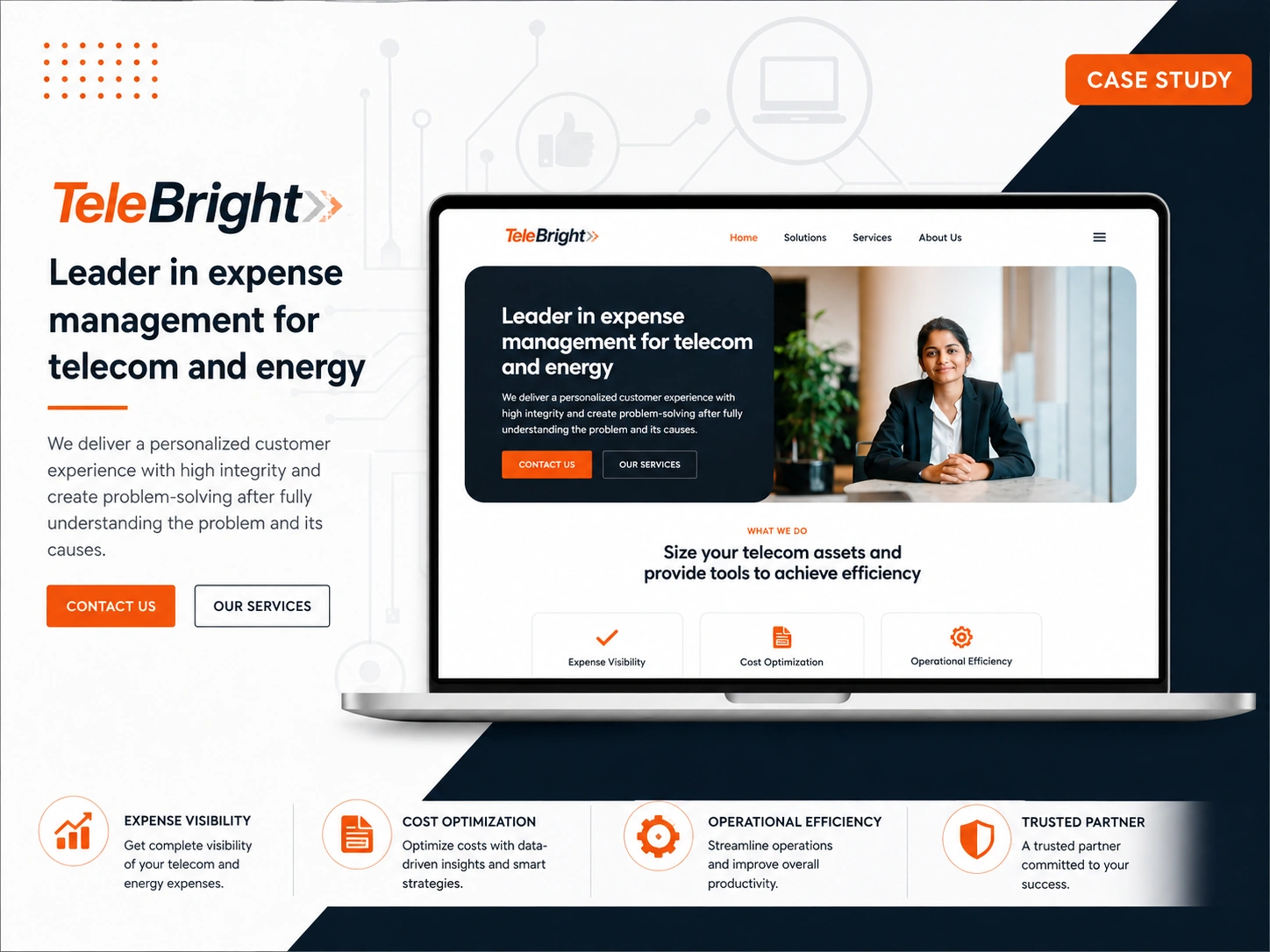 The TeleBright site on a laptop, headed Leader in expense management for telecom and energy