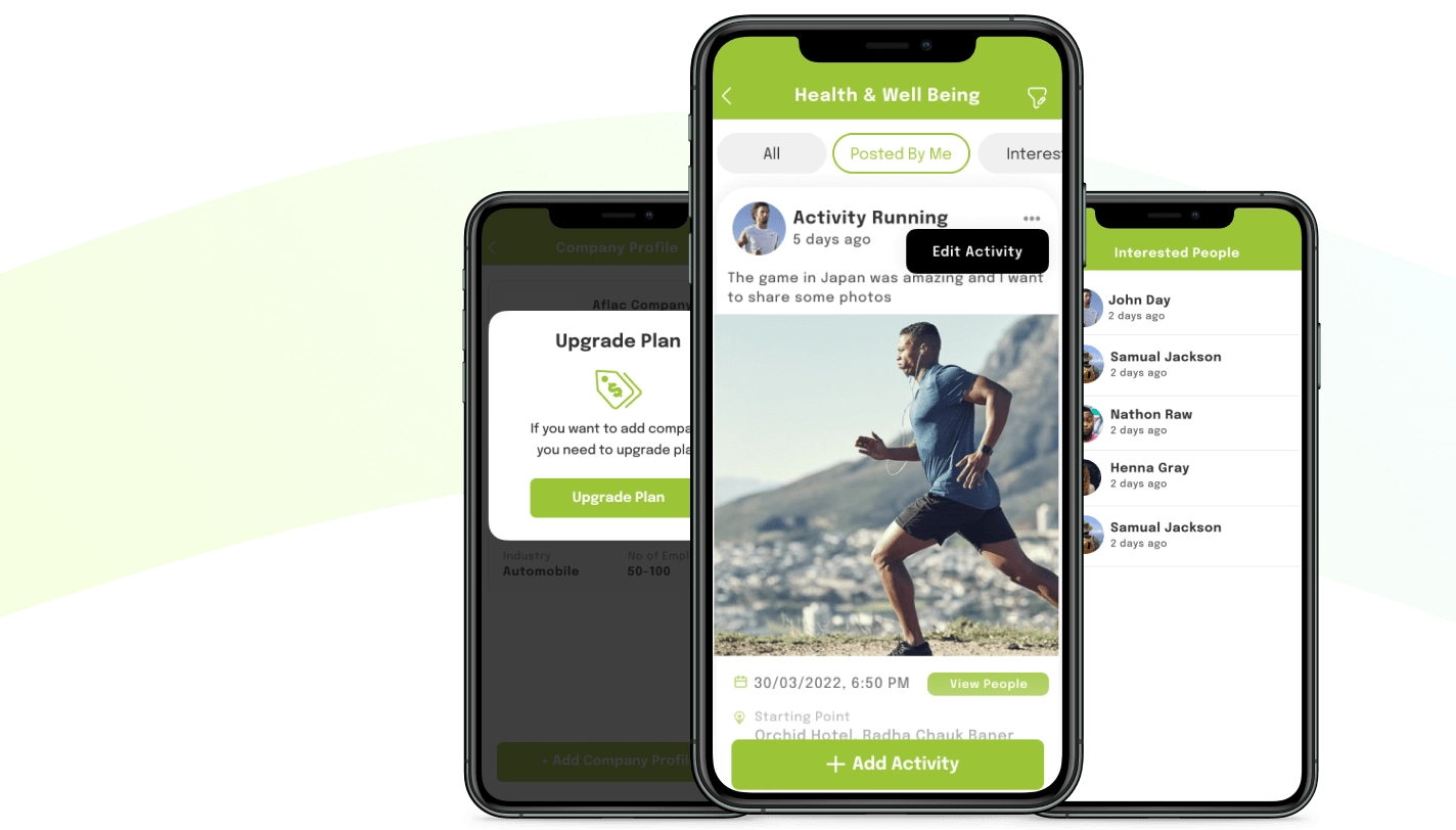 Three TenX app screens: a Health & Well Being activity feed with the people who have shown interest, and a company profile prompting an upgrade to add more