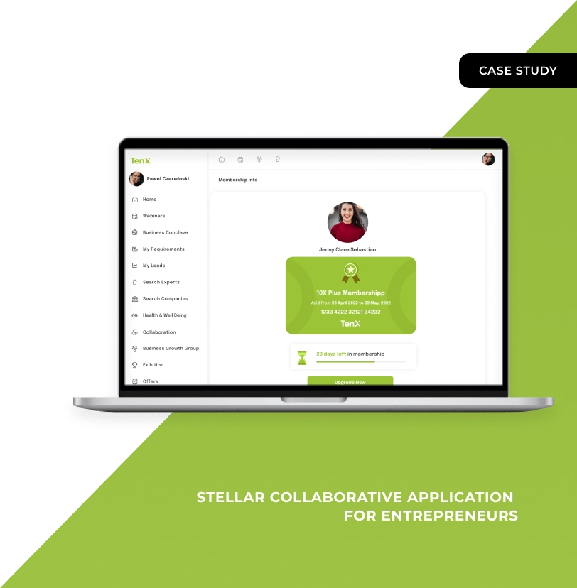 The TenX web app showing a 10X Plus membership card beside a menu of webinars, leads and expert search