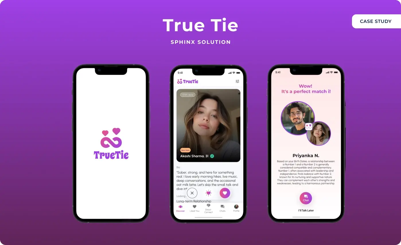 Case study cover: three True Tie screens on a purple background: the logo, a profile and a match