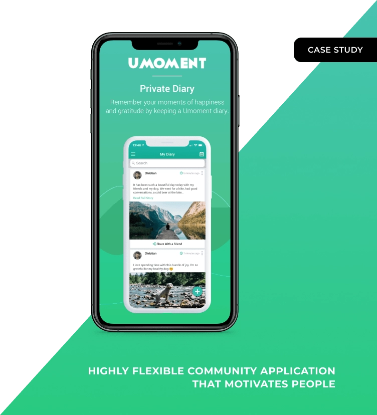 The Umoment private diary on a phone, showing dated entries about a hike with friends and a grateful note about a healthy dog, each with a photograph and a share option