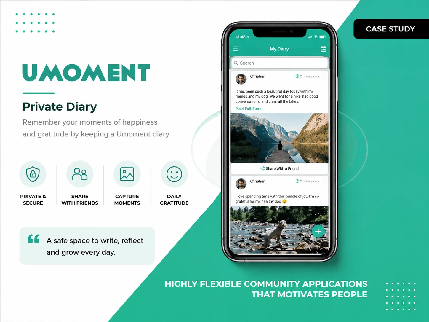 Three Umoment screens: a reminders list, the private diary with a photo entry, and an Apple Watch nudge