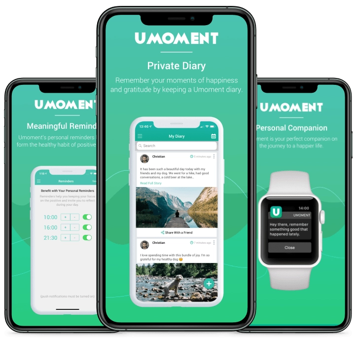Case study cover: three Umoment screens, a reminders list set to ten in the morning, four in the afternoon and half nine at night, the private diary with a written entry and a photograph, and an Apple Watch nudging the wearer to remember something good