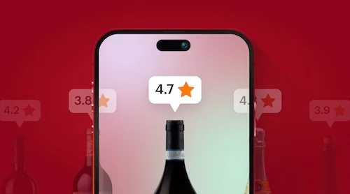 A phone on a red background showing a wine bottle with a 4.7-star rating bubble, surrounded by other wine ratings