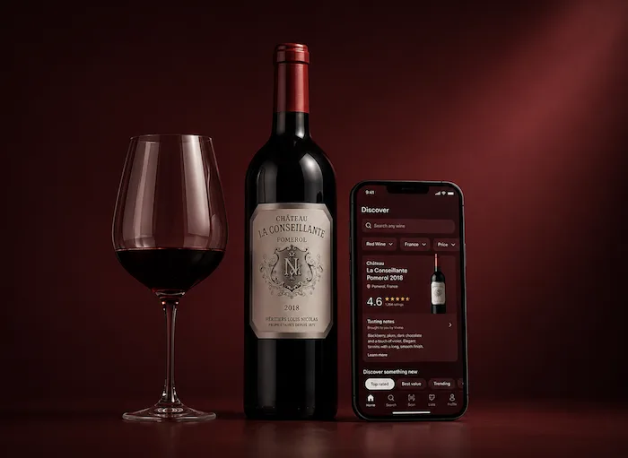 The Vivino app open on a phone beside a bottle of Ch&acirc;teau La Conseillante and a filled wine glass