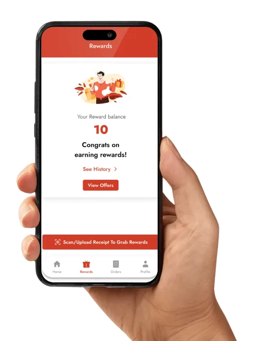 A hand holding a phone showing a WeReward loyalty card with ten points collected