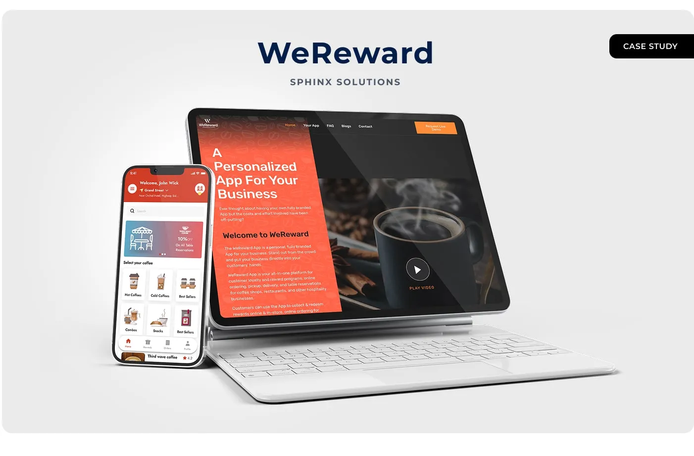 Case study cover: the WeReward app on a phone beside a caf&eacute;&rsquo;s branded web page on a laptop