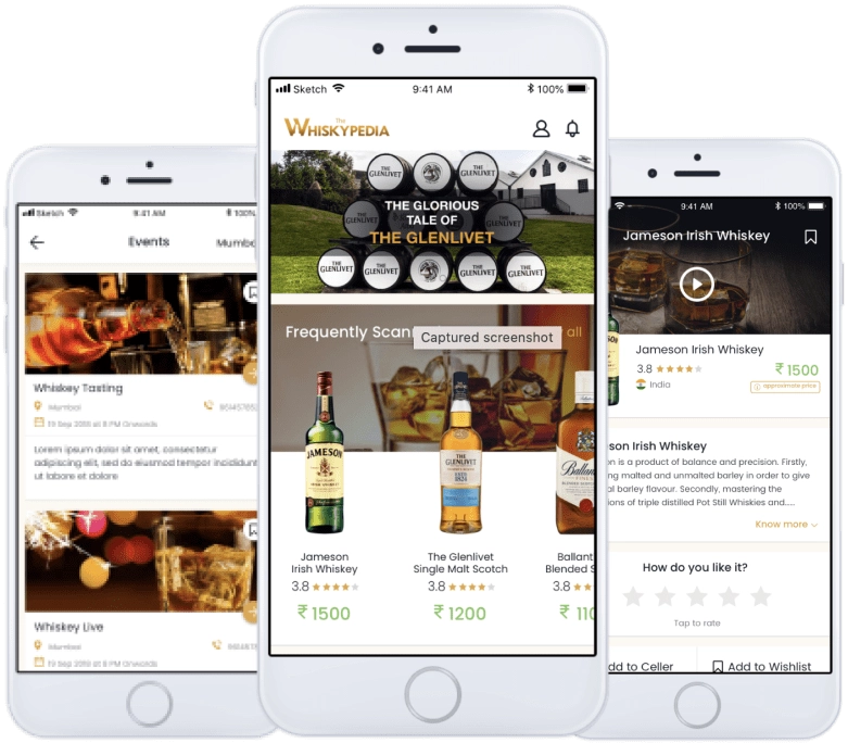Case study cover: three Whiskypedia screens, a whisky tasting events listing, the home screen featuring a distillery story above frequently scanned bottles with ratings and prices, and a bottle detail page with a rating prompt and a cellar button