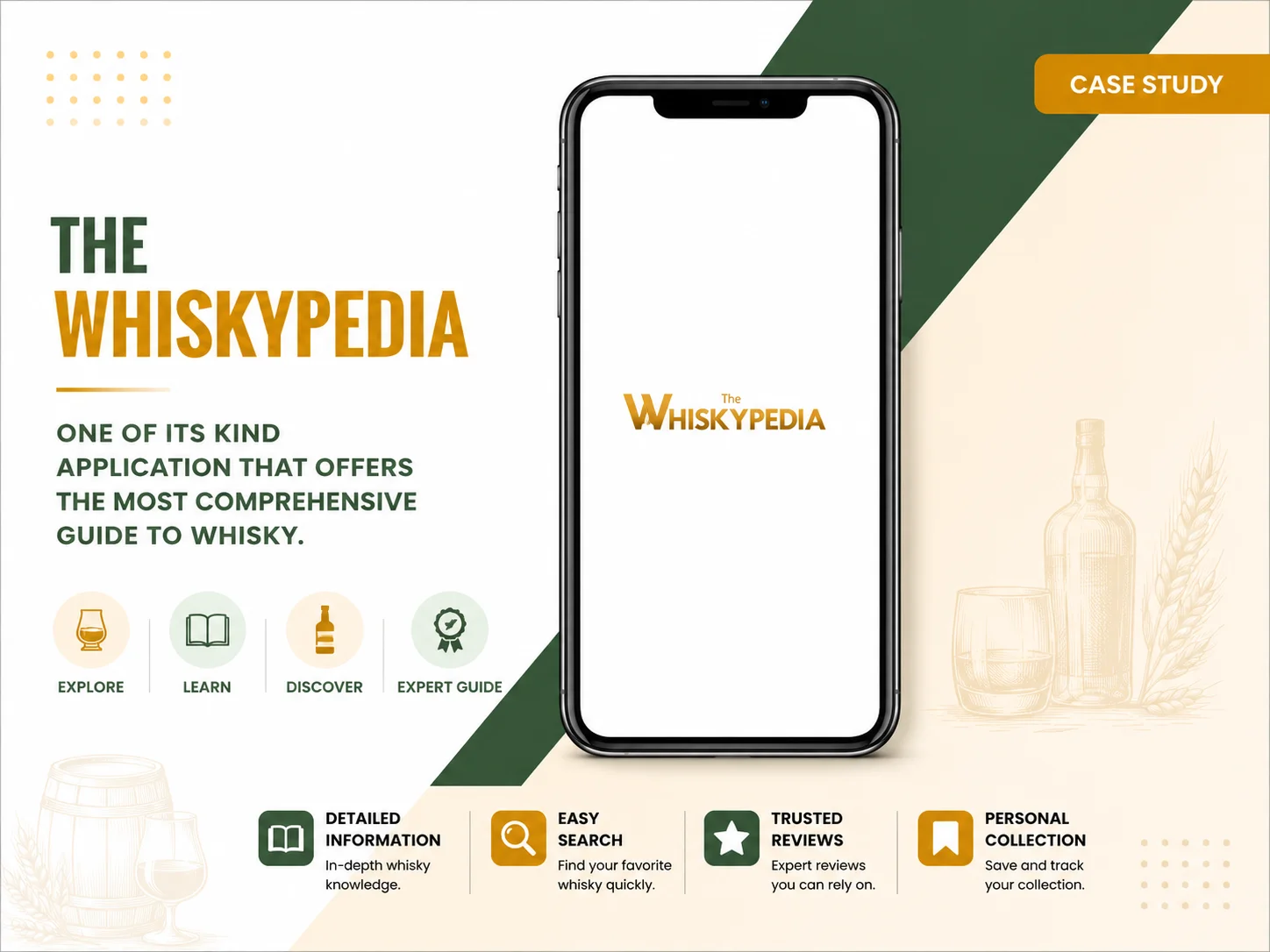 Three Whiskypedia screens: tasting events, frequently scanned bottles with ratings, and a bottle detail page