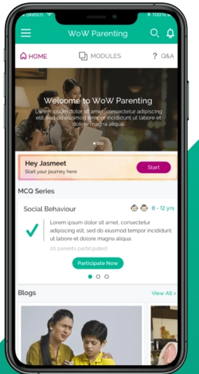 The WoW Parenting home screen: a welcome course, a prompt to start the journey, a social behaviour quiz rated for eight to twelve year olds, and a row of blogs